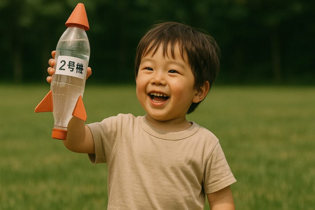 「2号機」と書かれたペットボトルロケットを嬉しそうに見せびらかす幼児