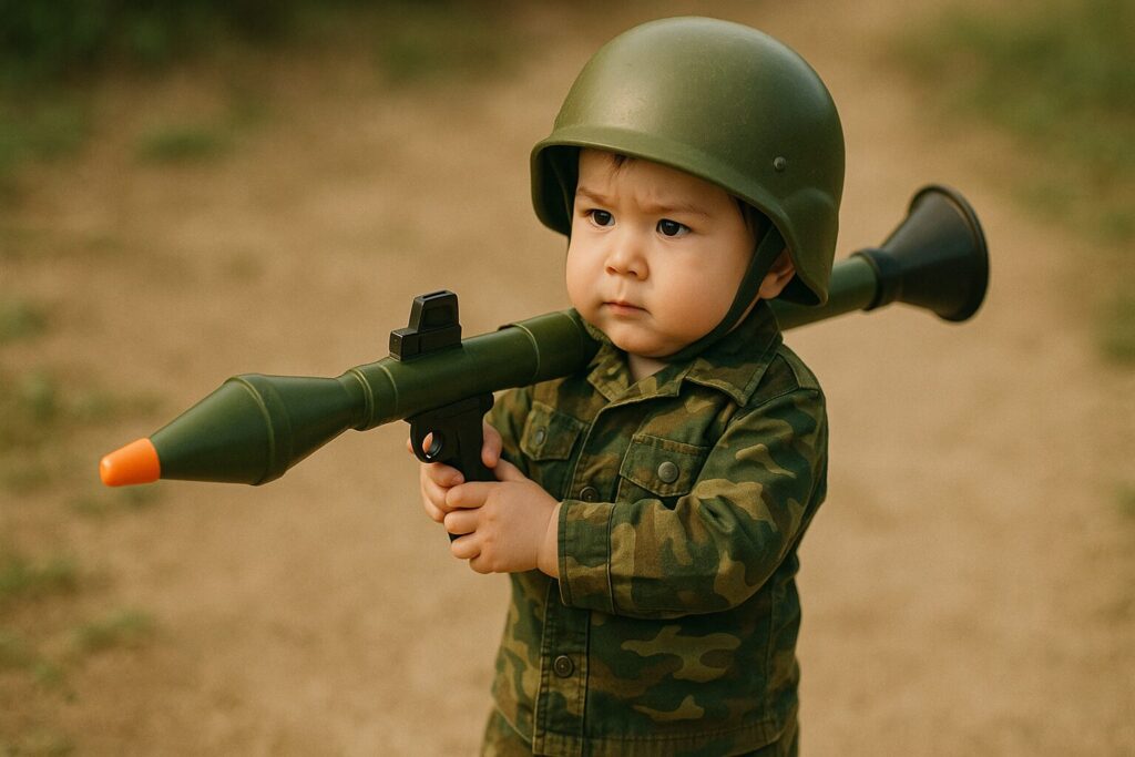 おもちゃのRPGロケットランチャーを装備したちびっ子アーミー