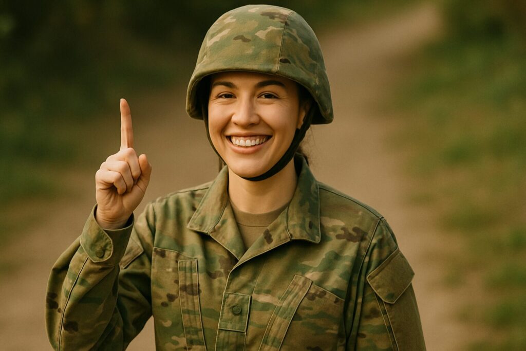 笑顔で人差し指をたてる女子アーミー