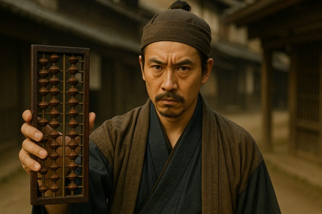 真剣な顔でそろばんを見せてくる江戸の岡っ引き