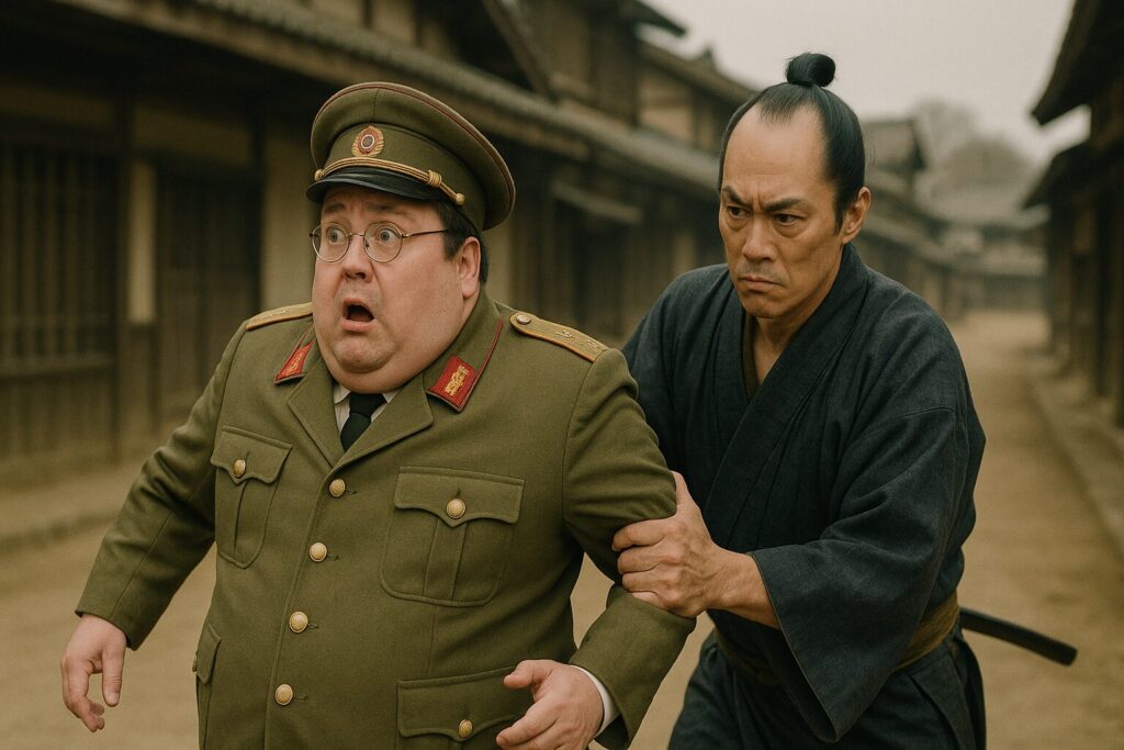 ちょんまげの岡っ引きに引っ立てられて驚くメタボの軍服コスプレイヤー