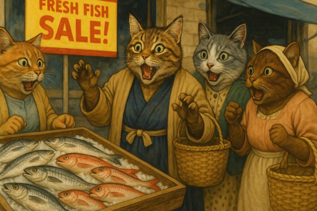 鮮魚の大安売りに興奮する猫の主婦たち