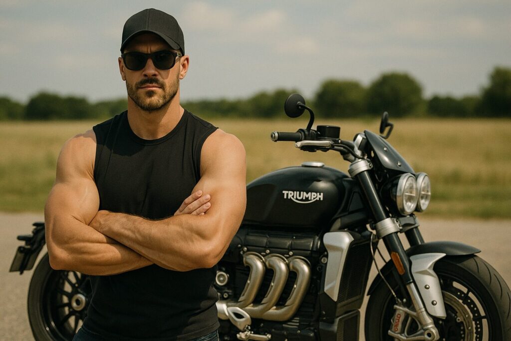 トライアンフ ロケット3を背景にポージングをするマッチョマン