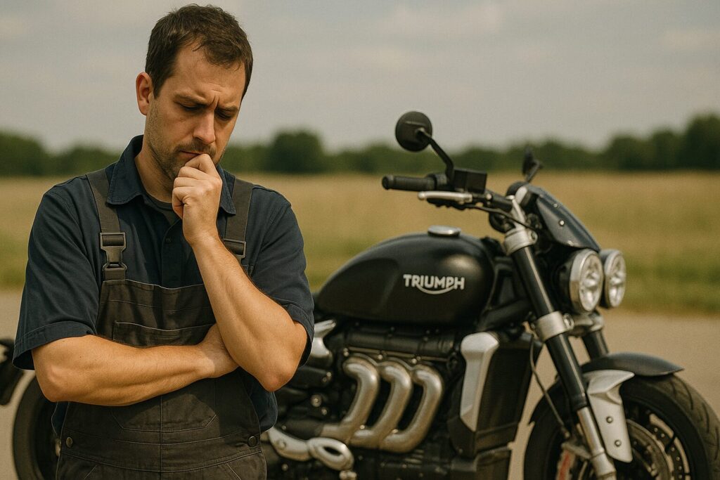 トライアンフ ロケット3を背景に腕を組んで悩むメカニック