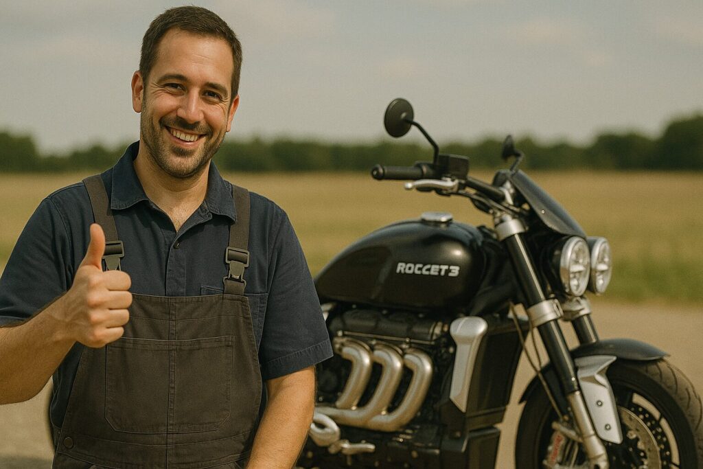 トライアンフ ロケット3を背景に親指を立てるバイク修理屋さん