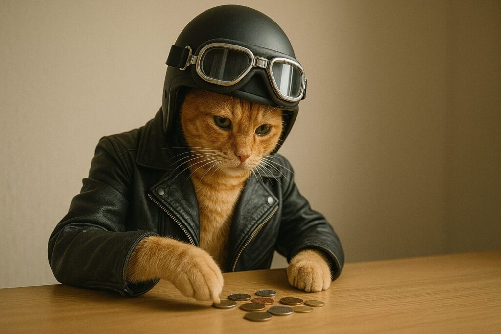テーブル上の小銭を数える猫のライダー