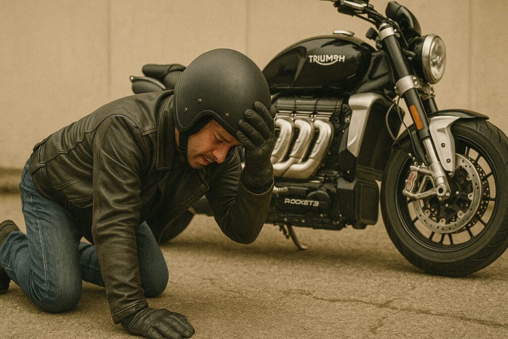 トライアンフ ロケット3を背景に四つん這いで落胆するライダー