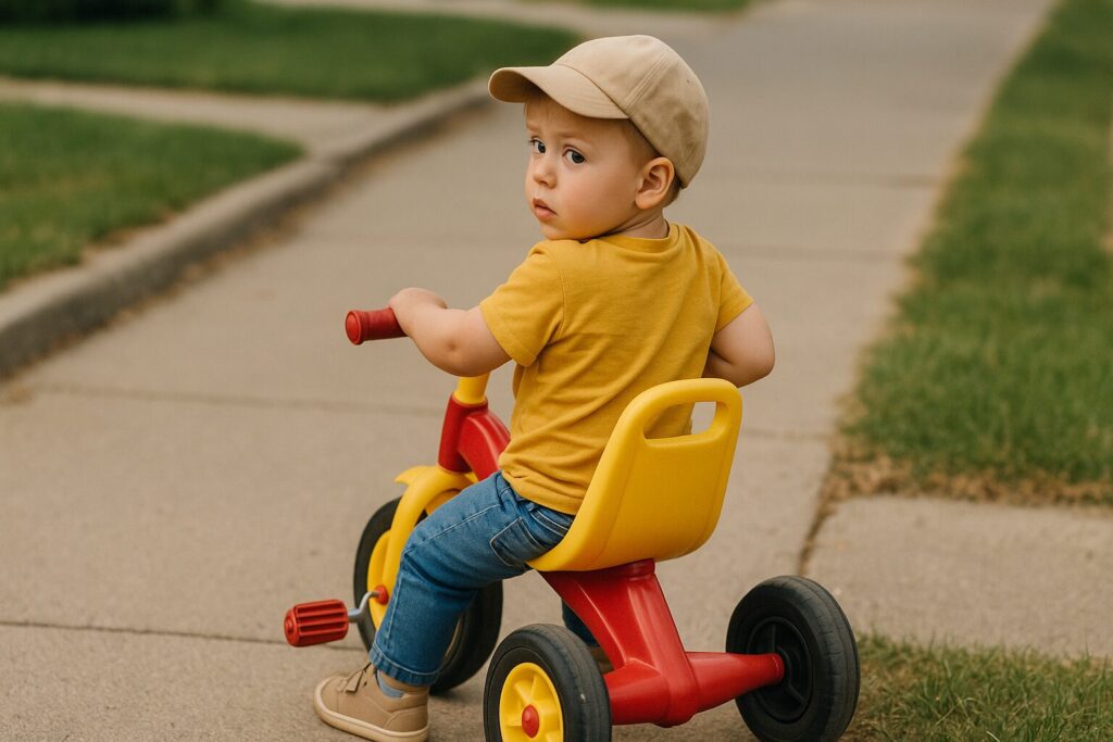 3輪車で後方確認する幼児