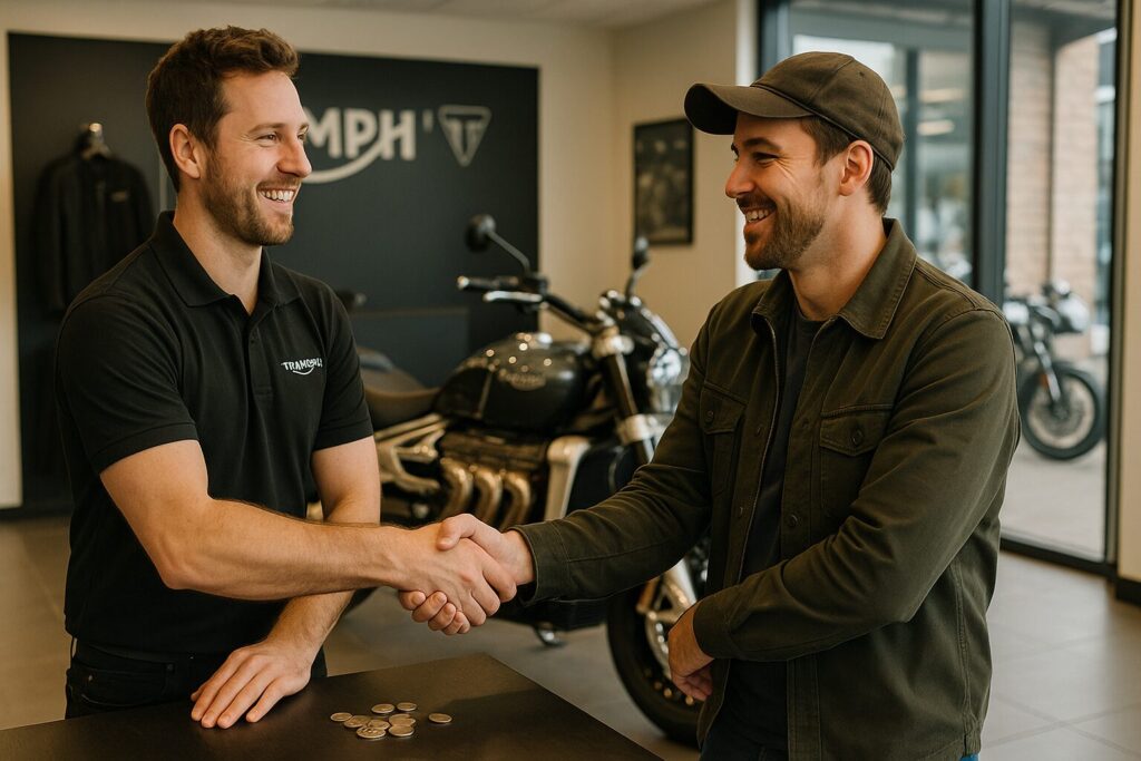 トライアンフのショールームで握手するスタッフと客