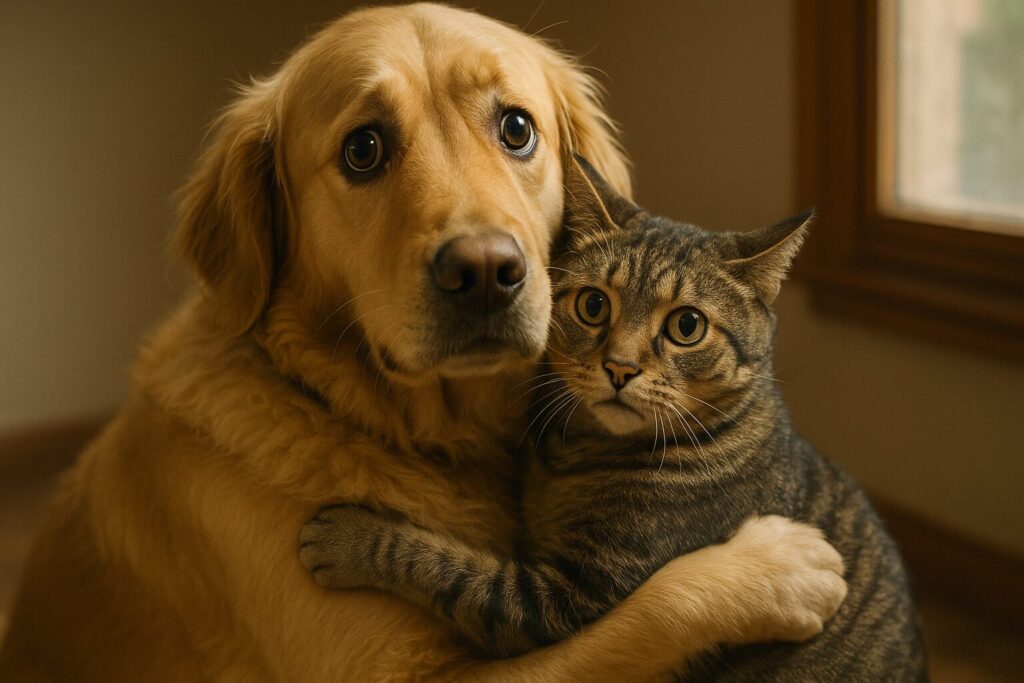 怯えた表情で抱き合うレトリバーと猫