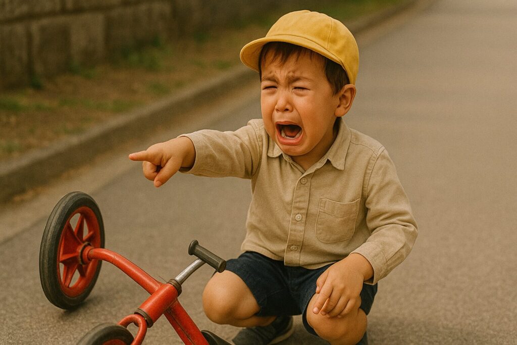 倒れた三輪車を指差して泣く幼稚園児