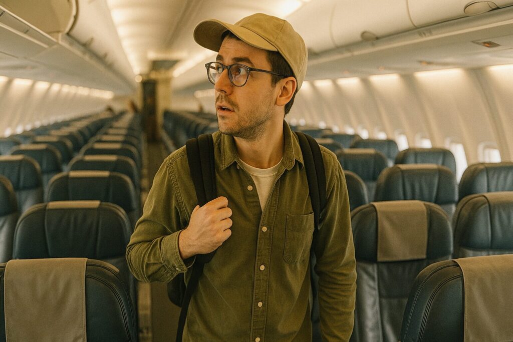 旅客機できょろきょろと席をさがす乗客