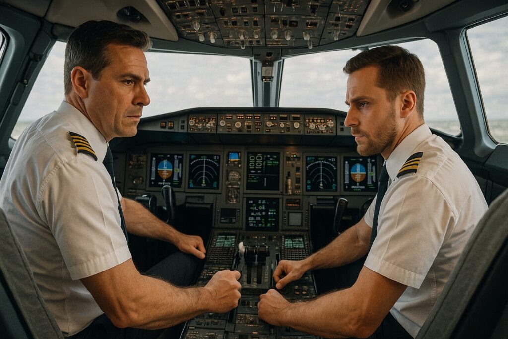 打ち合わせをする機長と副操縦士