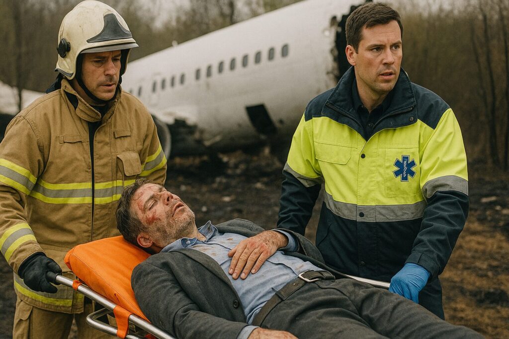 担架で運ばれる墜落事故の生存者