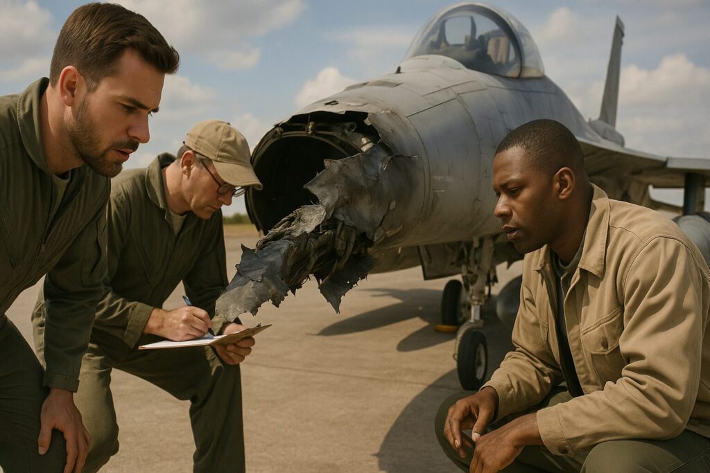 壊れたジェット戦闘機の原因を探る技術者たち
