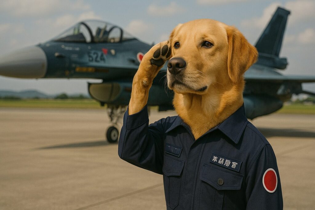 F2戦闘機を背景に敬礼するレトリバーの航空自衛官