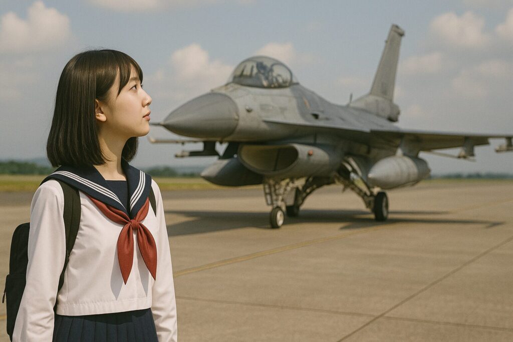 滑走路でF16戦闘機を見上げる女子高生