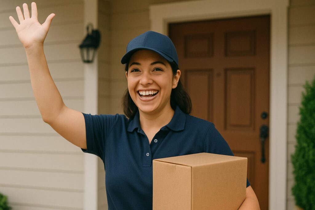 笑顔で手を挙げる宅配便の女性スタッフ