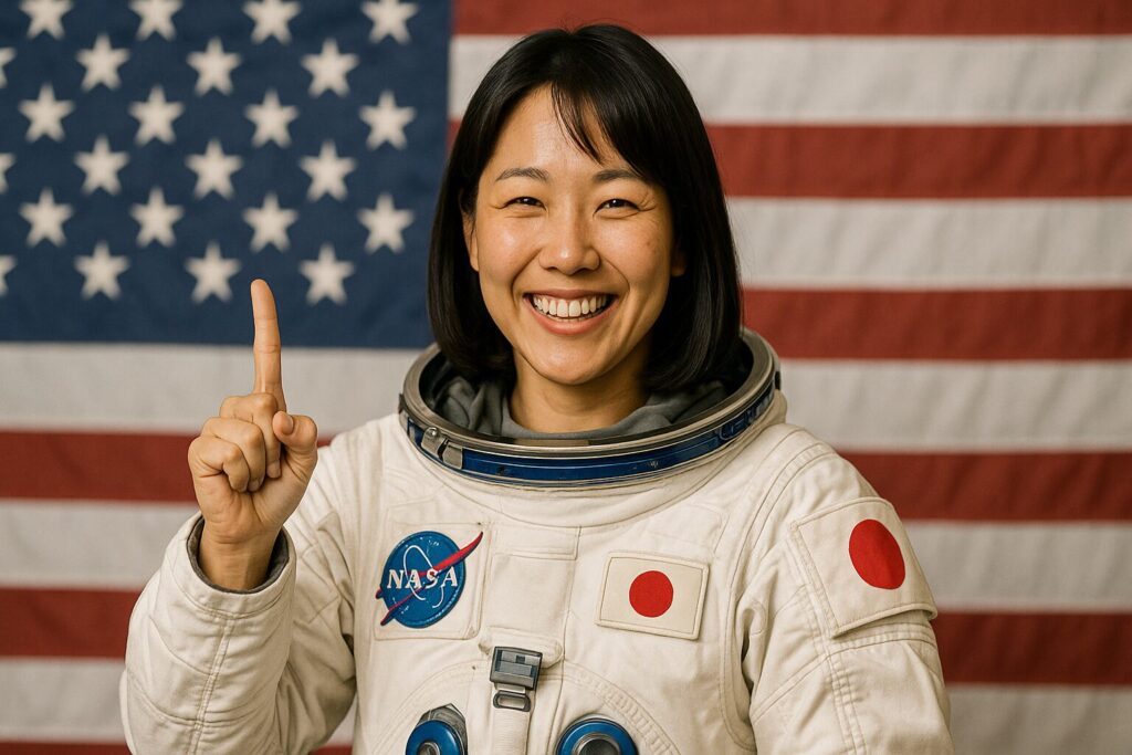 笑顔で人差し指をたてる日本の女性宇宙飛行士