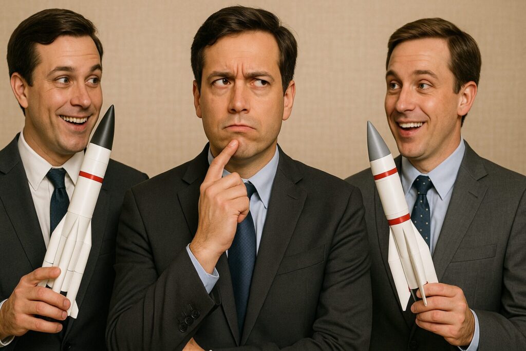 2人のロケット営業マンの間で悩むビジネスマン