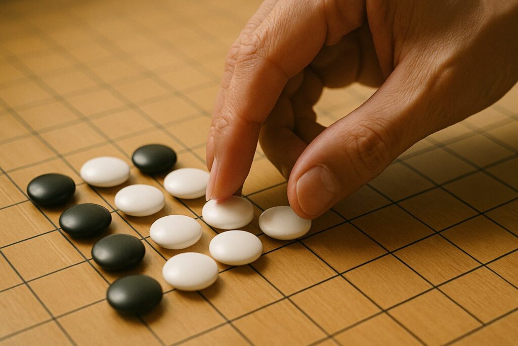 囲碁の定石を打つ手のアップ