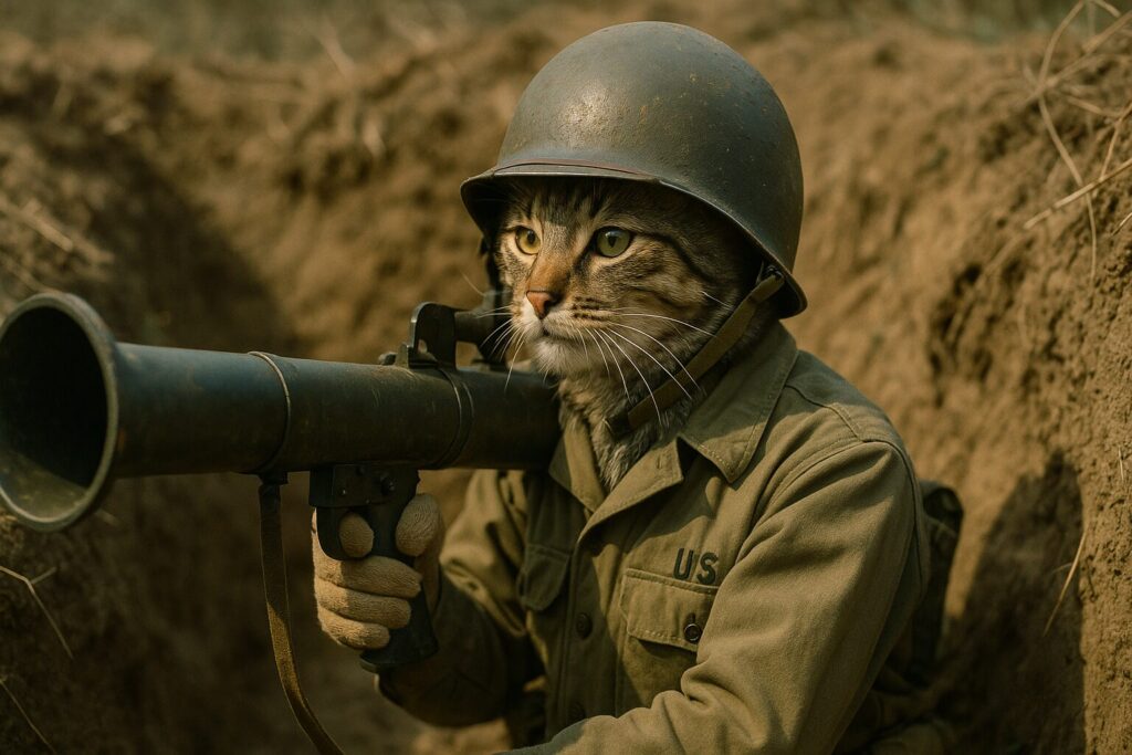 塹壕でバズーカを構える猫の米兵
