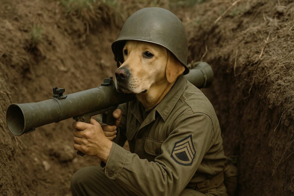 塹壕でロケットランチャーを構えるラブラドールの軍曹