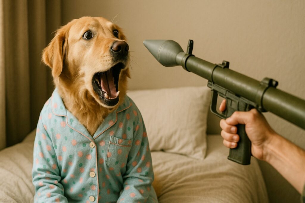 ロケットランチャーで寝起きドッキリされたパジャマのレトリーバー