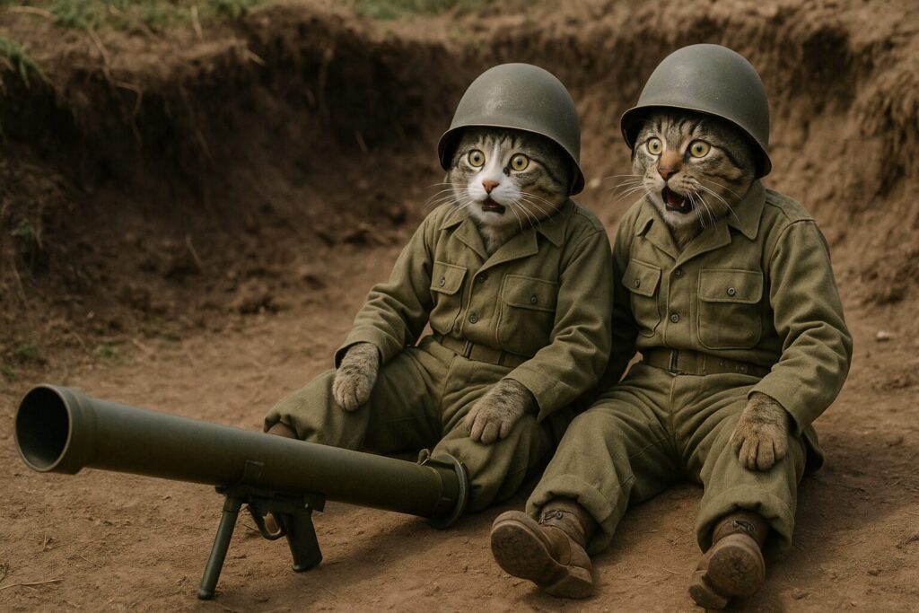 打ち終わったバズーカの前で腰を抜かした猫の兵士たち