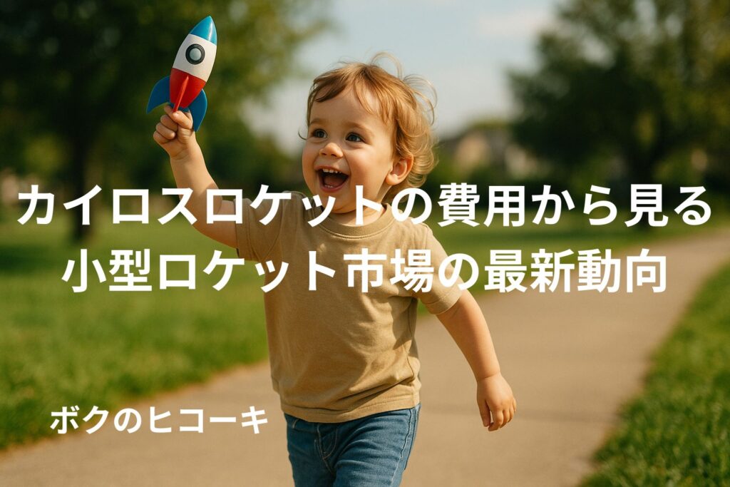 ロケットのおもちゃを高くかかげて走る幼児とタイトル文字