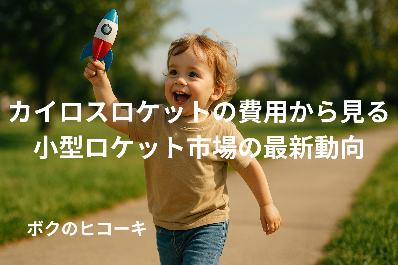 ロケットのおもちゃを高くかかげて走る幼児とタイトル文字