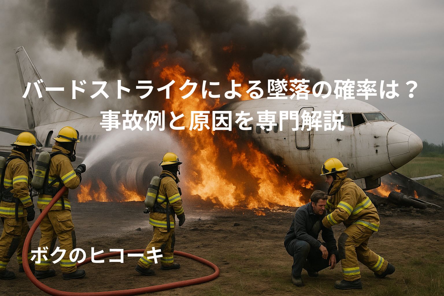 墜落炎上した旅客機の消火と救助活動をする消防隊員たち