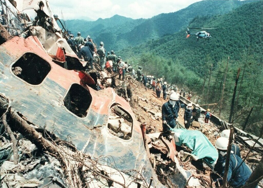 斜面に残骸が散らばる旅客機の墜落現場