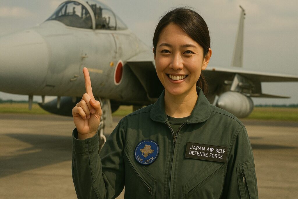 戦闘機を背景に笑顔で人差し指を立てる女性航空自衛隊員
