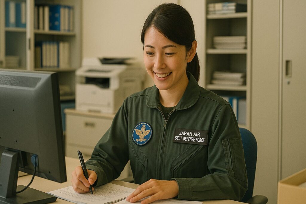 オフィスで事務仕事をする女性航空自衛隊員