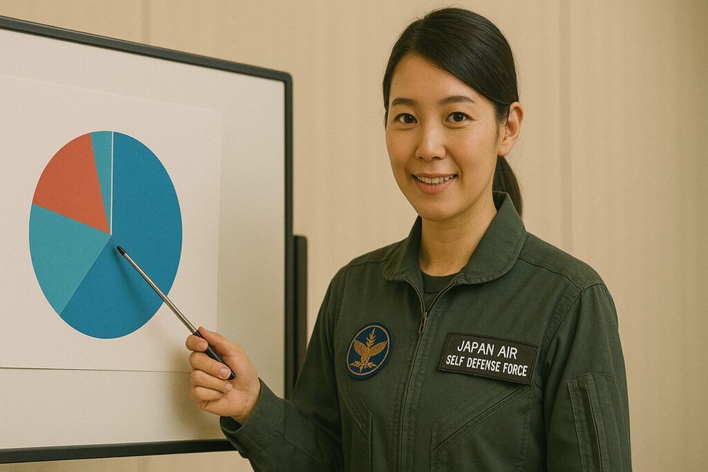 円グラフで説明する女性航空自衛隊員