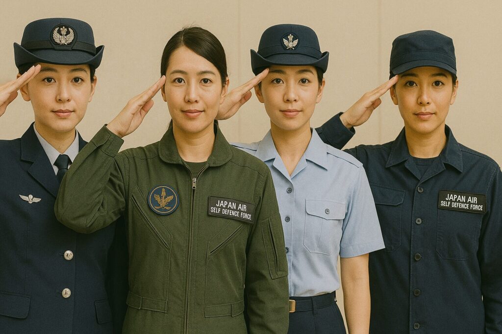 様々な制服で敬礼する女性航空自衛隊員たち