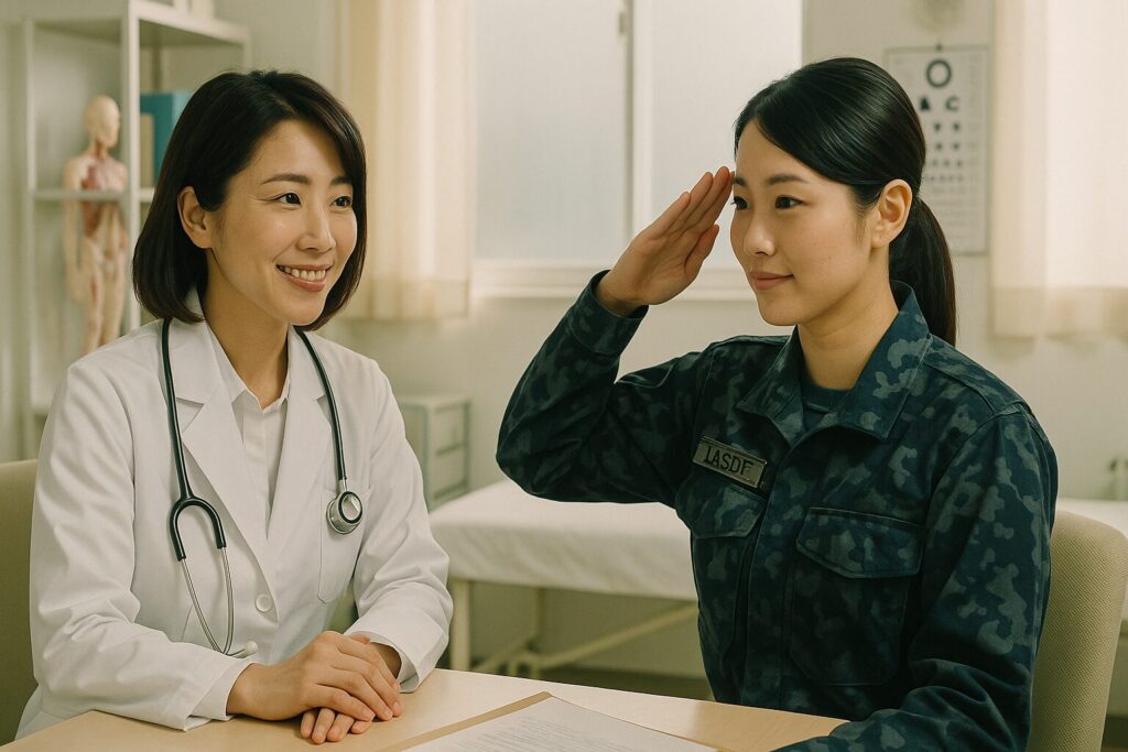 医務室で面談する女医と女性航空自衛隊員