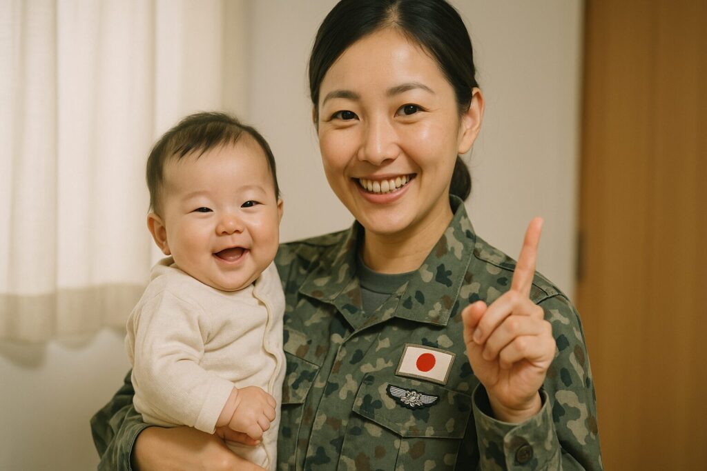 笑顔で赤ん坊を抱く女性航空自衛隊員