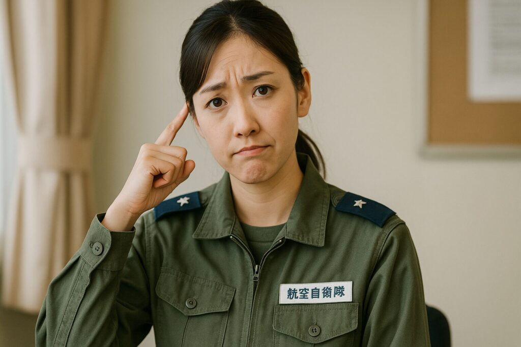 困り顔で首をかしげる女性航空自衛隊員