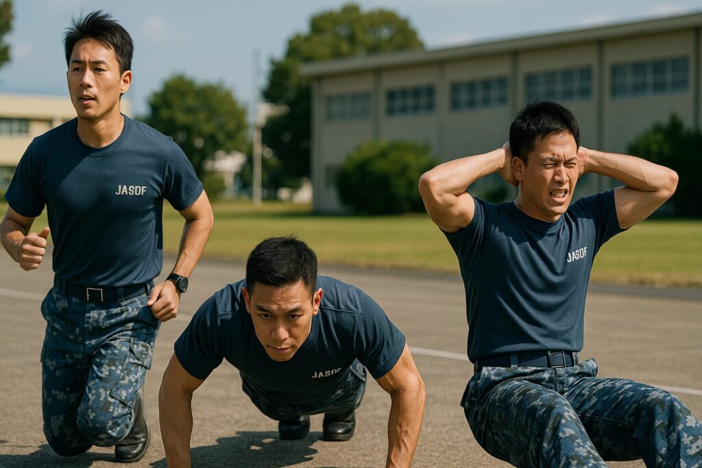 それぞれが、走る、腕立て伏せ、腹筋をする3人の航空自衛隊員たち