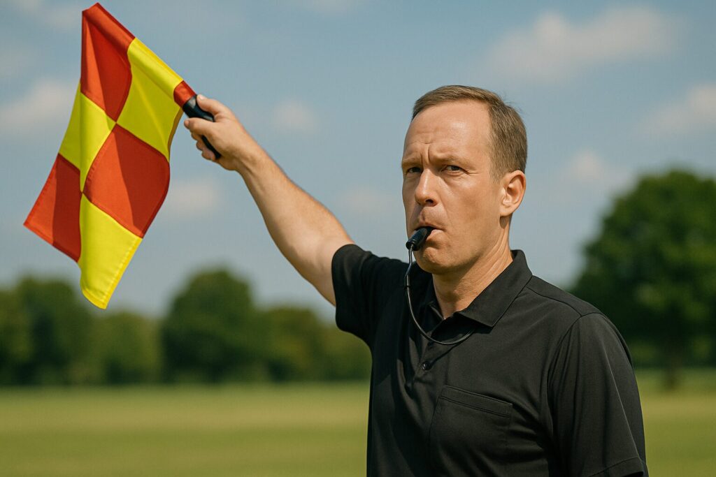 ホイッスルを吹いて旗をあげる審判