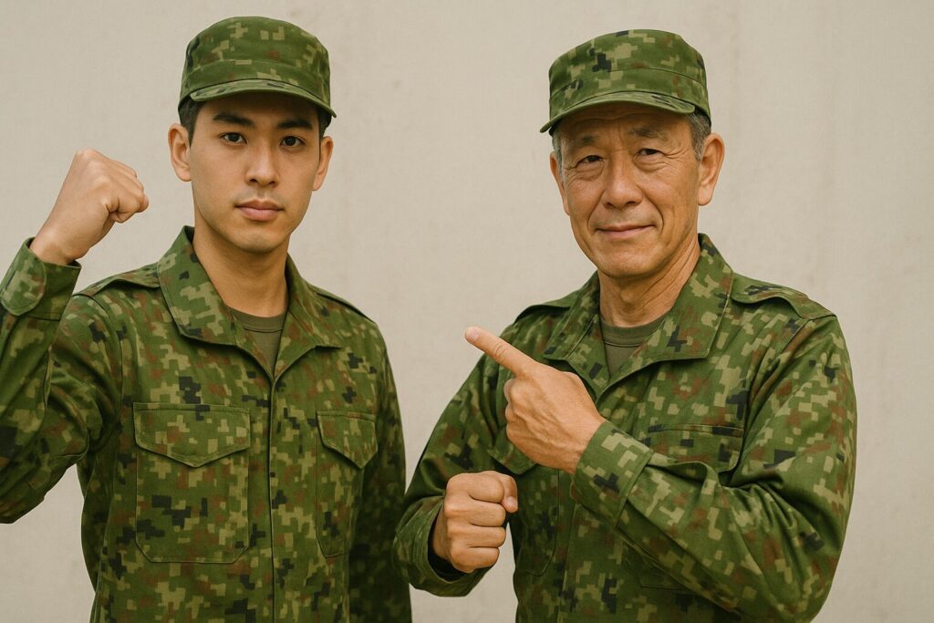 ポージングをする若い自衛隊員と高齢の自衛隊員