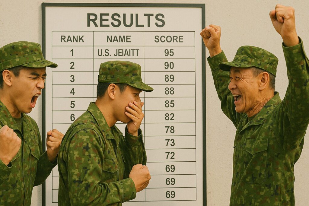 掲示板の表を見て一喜一憂する航空自衛隊員たち