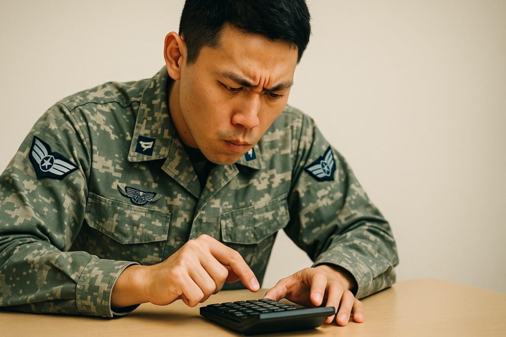一心不乱に電卓で計算する航空自衛隊員