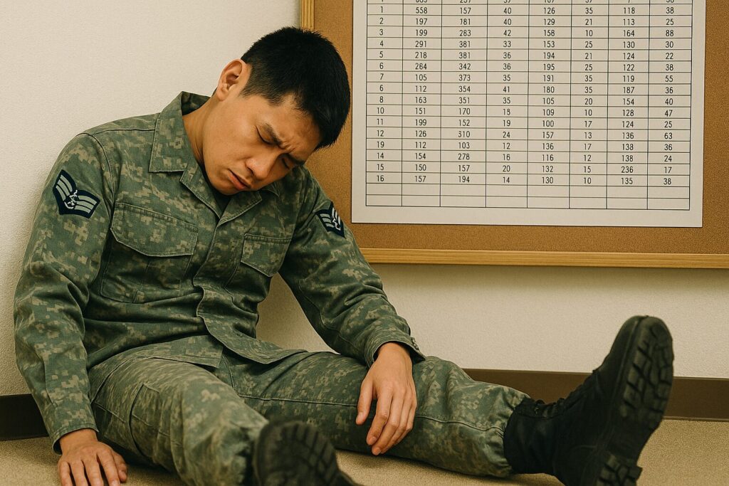 掲示板の前でかっくりと崩れ落ちる航空自衛隊員