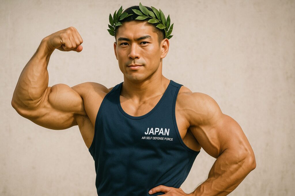 頭に月桂樹の冠を付けてポージングをするマッチョな航空自衛隊員