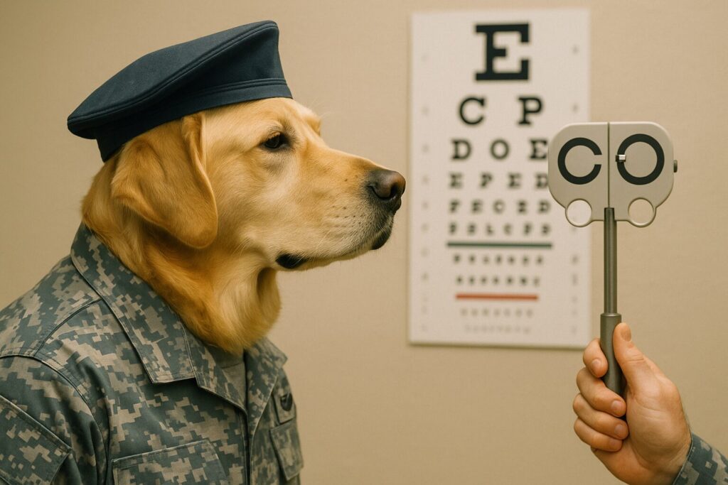 視力検査を受けるレトリバーの航空自衛隊員