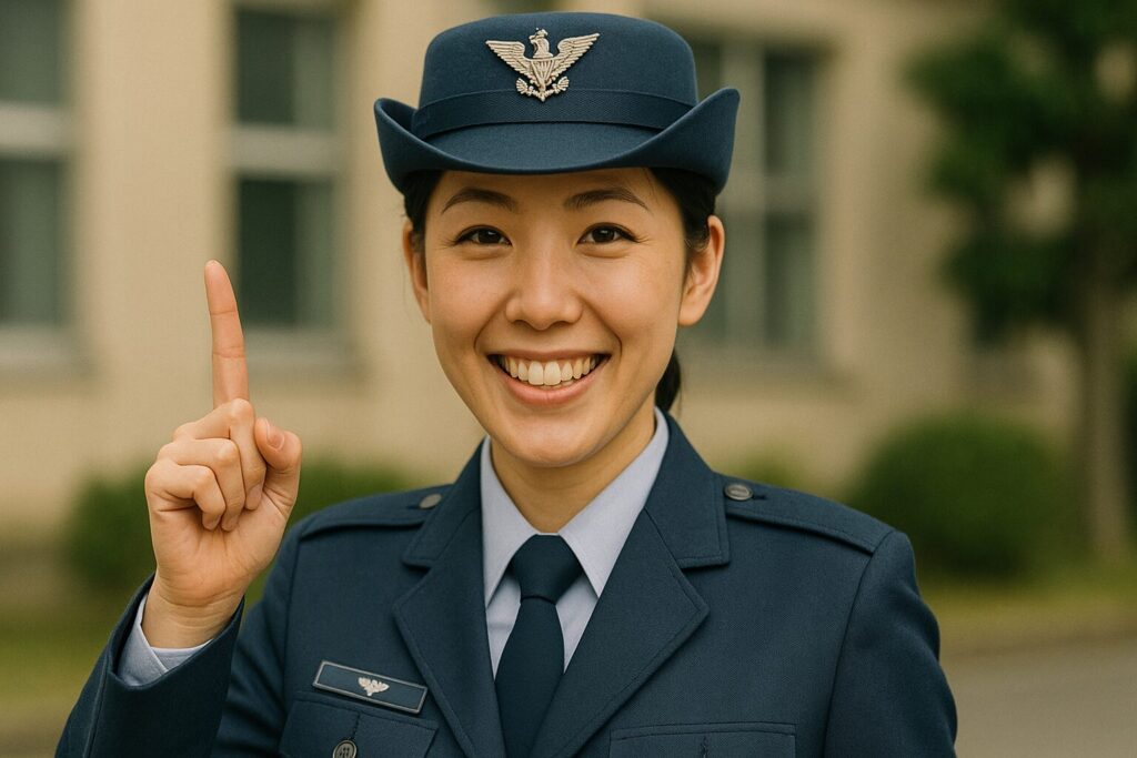 笑顔で人差し指をたてる女性航空自衛官