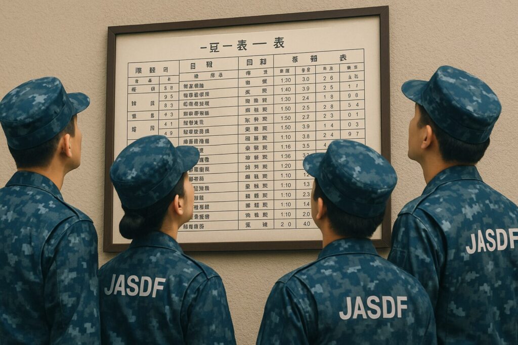 掲示板の一覧表を見上げる航空自衛官たち